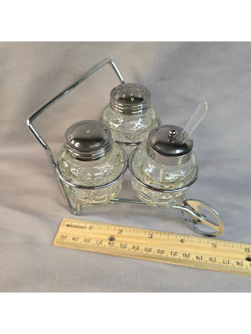 Vintage Mid-Century Chrome Wheelbarrow Condiment Set Salt, Pepper, Mustard Cruet